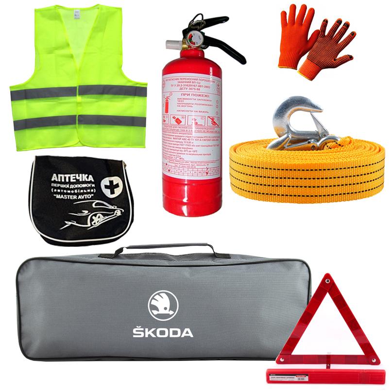 Набор автомобилиста Skoda жилет/аптечка/огнетушитель/трос/перчатки/знак аварийной остановки (na_20)