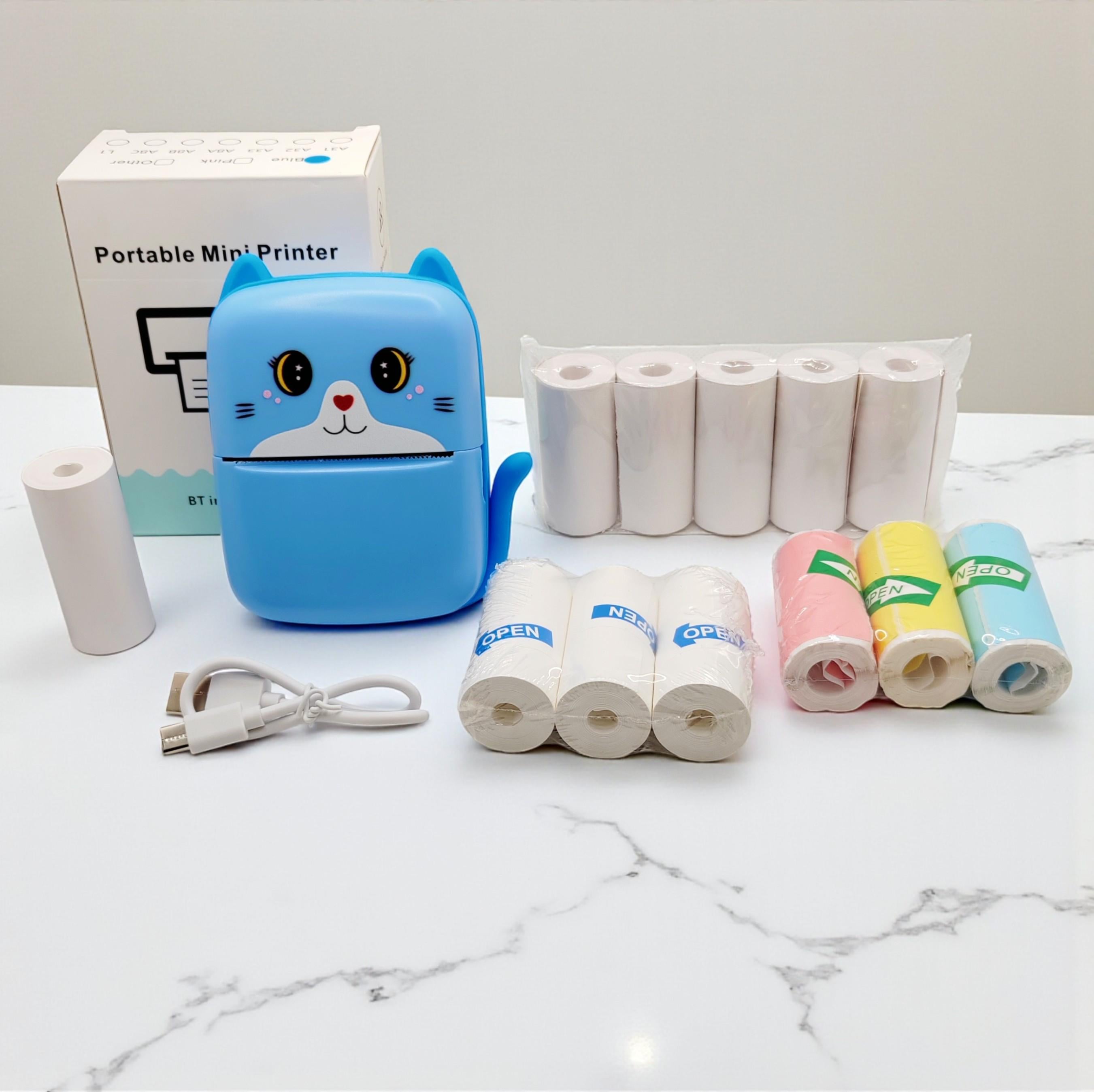 Принтер детский для печати с телефона по Bluetooth Котик с хвостиком с набором бумаги 12 рулонов Голубой (b-09874)