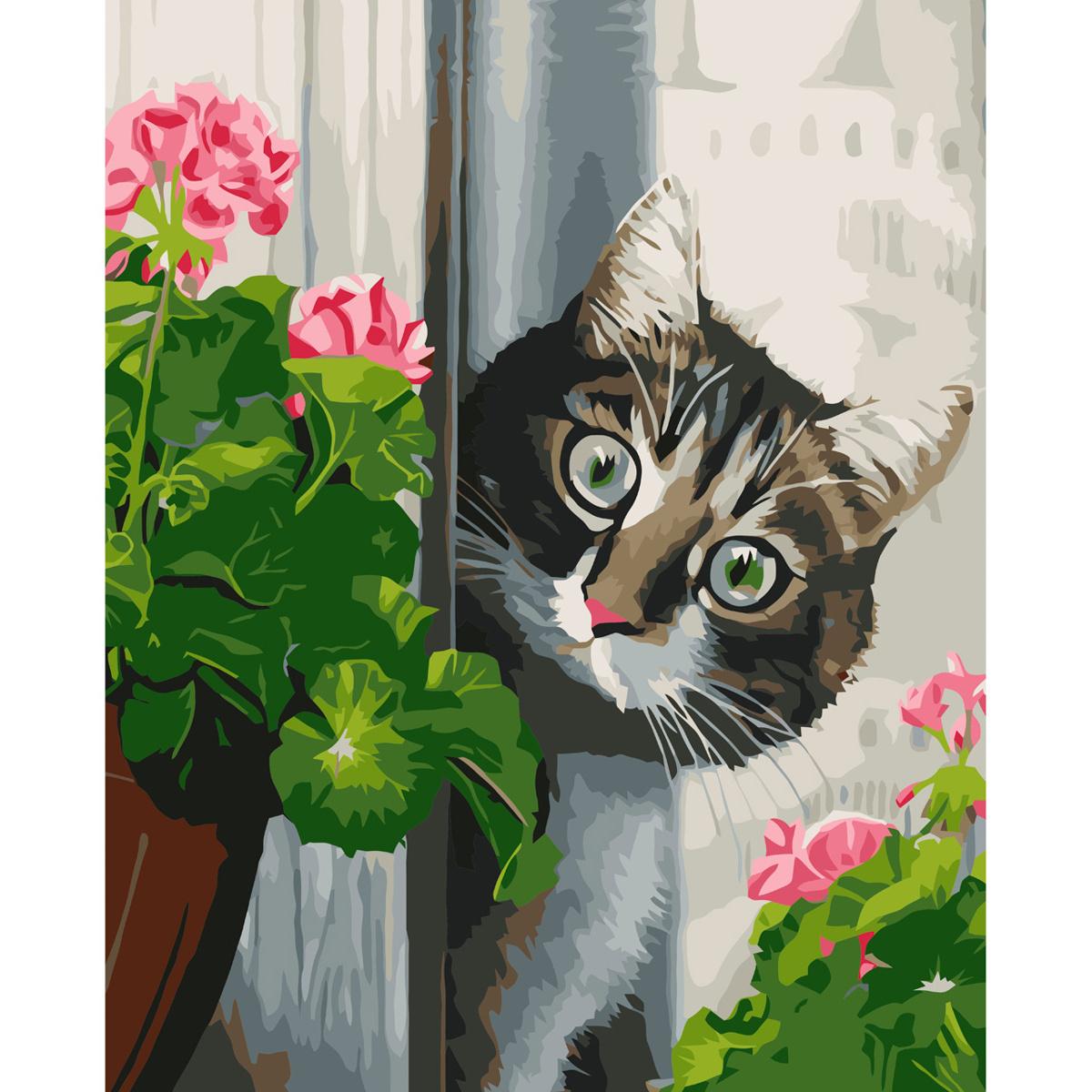 Картина по номерам Strateg Котик и розовая герань 40x50 см (VA-3656)