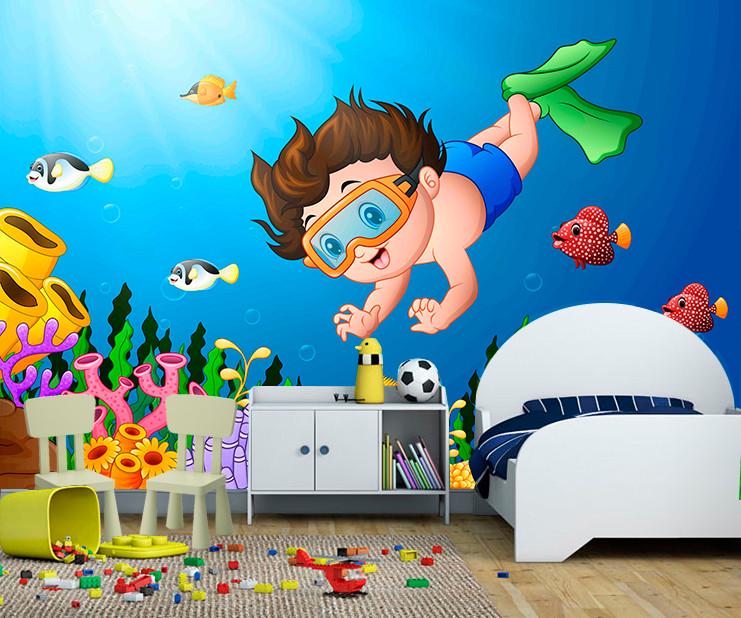 Фотообои 3D для детской комнаты Мальчик в ластах и маске