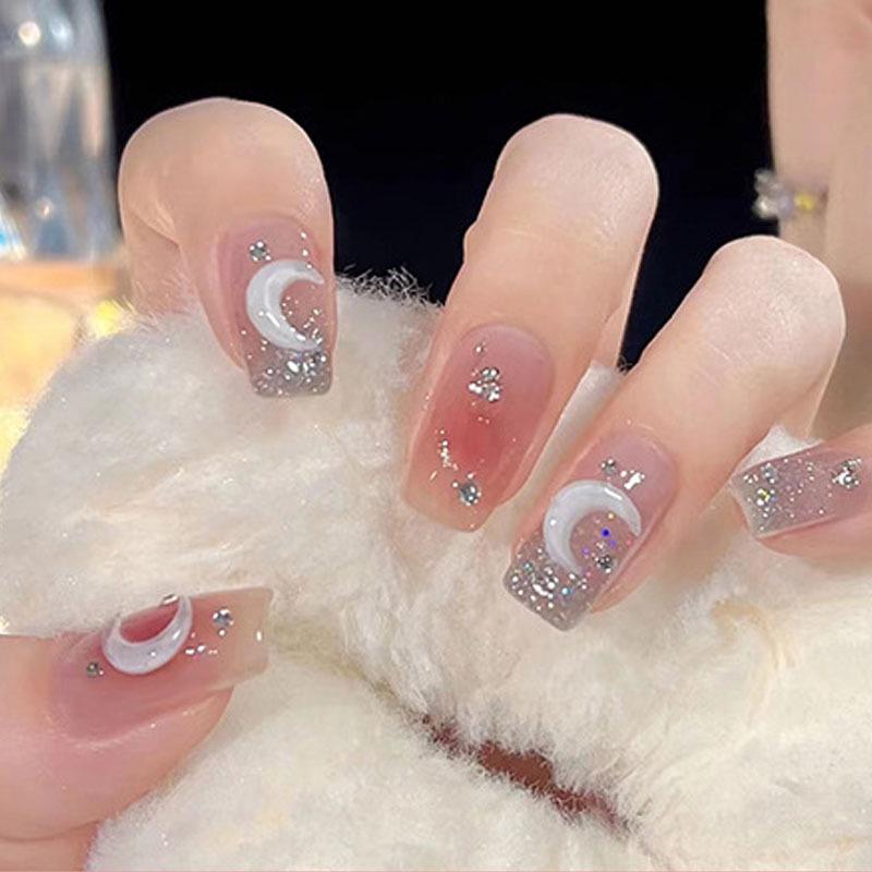 Накладные ногти Bananahall D488 с луной и стразами градиент с клеем 24 шт. Розовый (A9762)