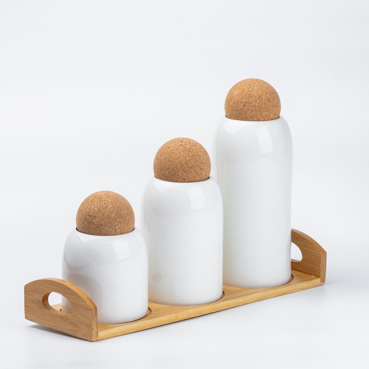 Набір керамічних банок на підставці Pharaoh для сипучих продуктів з дерев'яною пробкою Білий (250L)