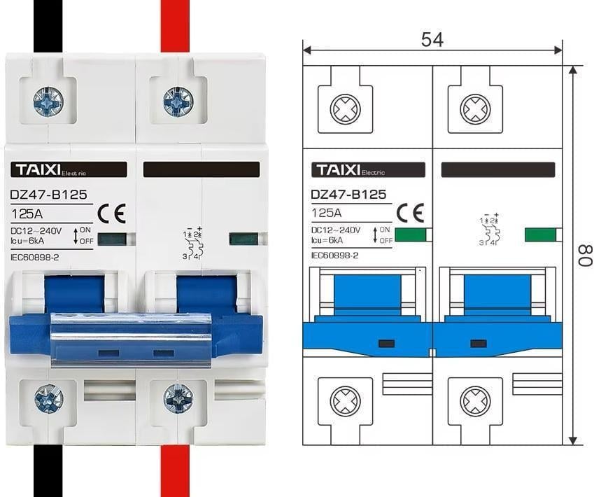 Выключатель постоянного тока автоматический TAIXI DC 150 А двухполюсный от 12 до 240 В DC 150A 2P PV 6Ka DIN АКБ DZ47B-125 (95240730) - фото 2