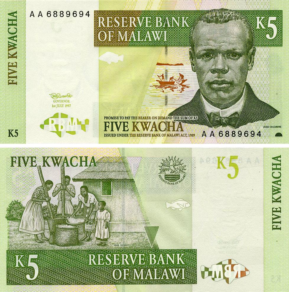 Коллекционная банкнота Малави 5 квача 1997 UNC (P36a)
