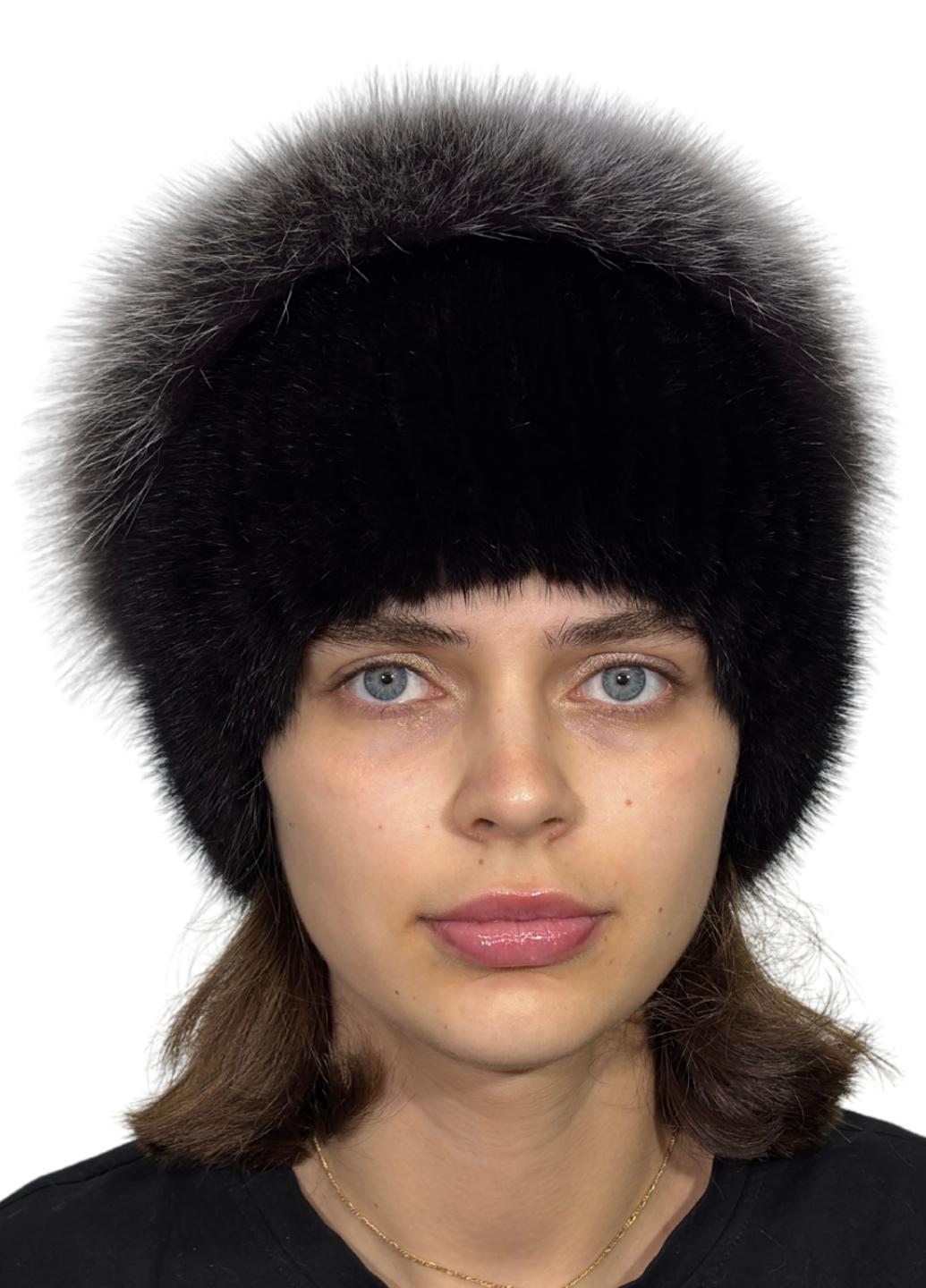 Шапка зимняя с помпоном Меховой стиль Бабка из натурального меха норки XXS-S Черный (117/H)
