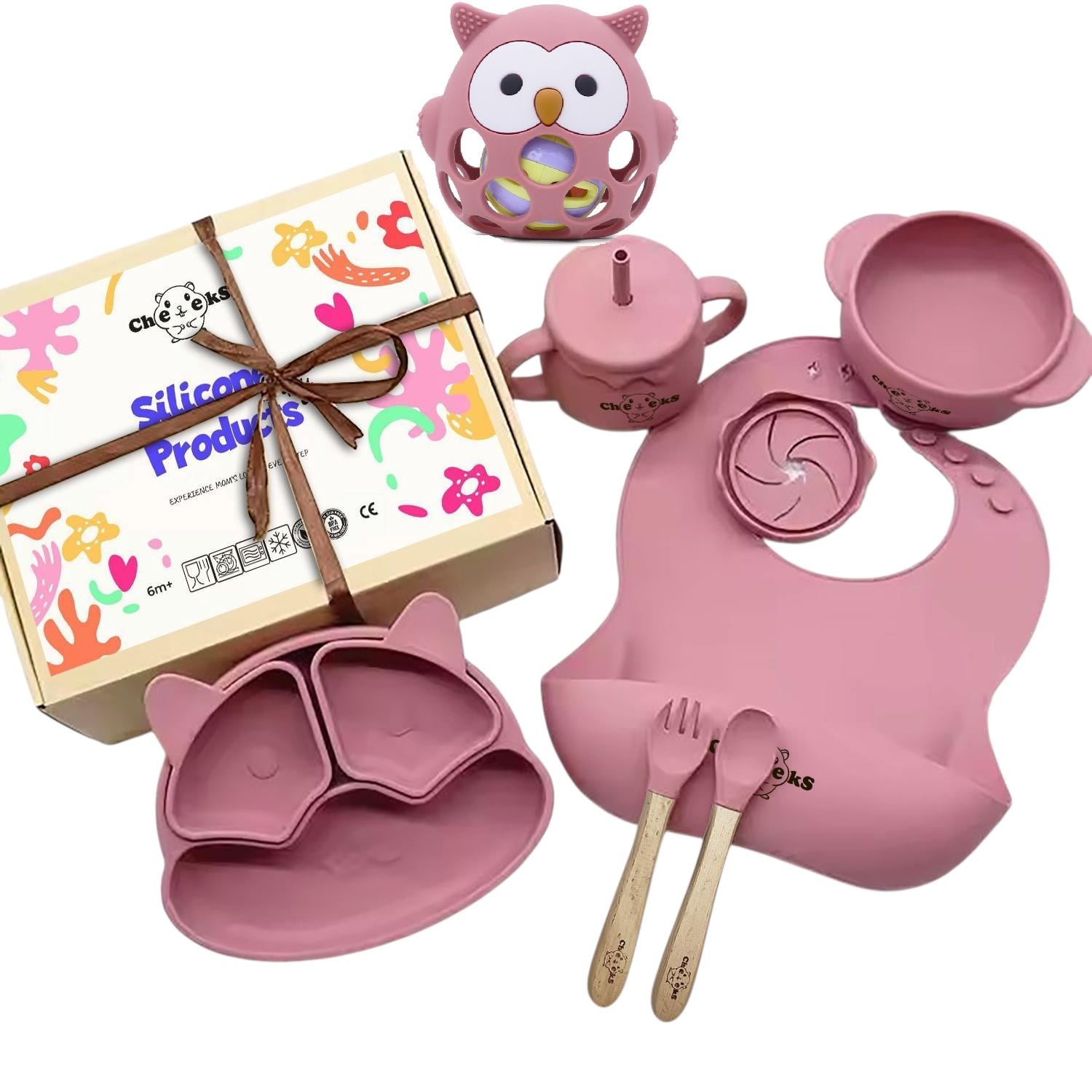 Набір дитячого посуду Cheeks з гризунком прорізувачем-брязкальцем Рожевий (28141075)