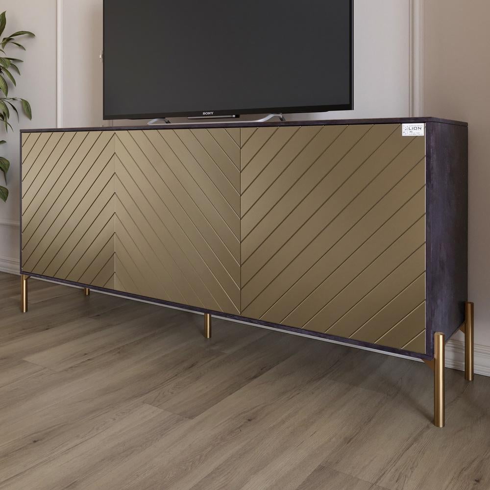 Тумба под телевизор Lion Амарант с золотыми металлическими ножками 168x40x76,5 см Бетон темный/Перламутровый металлик (000-000-2397)