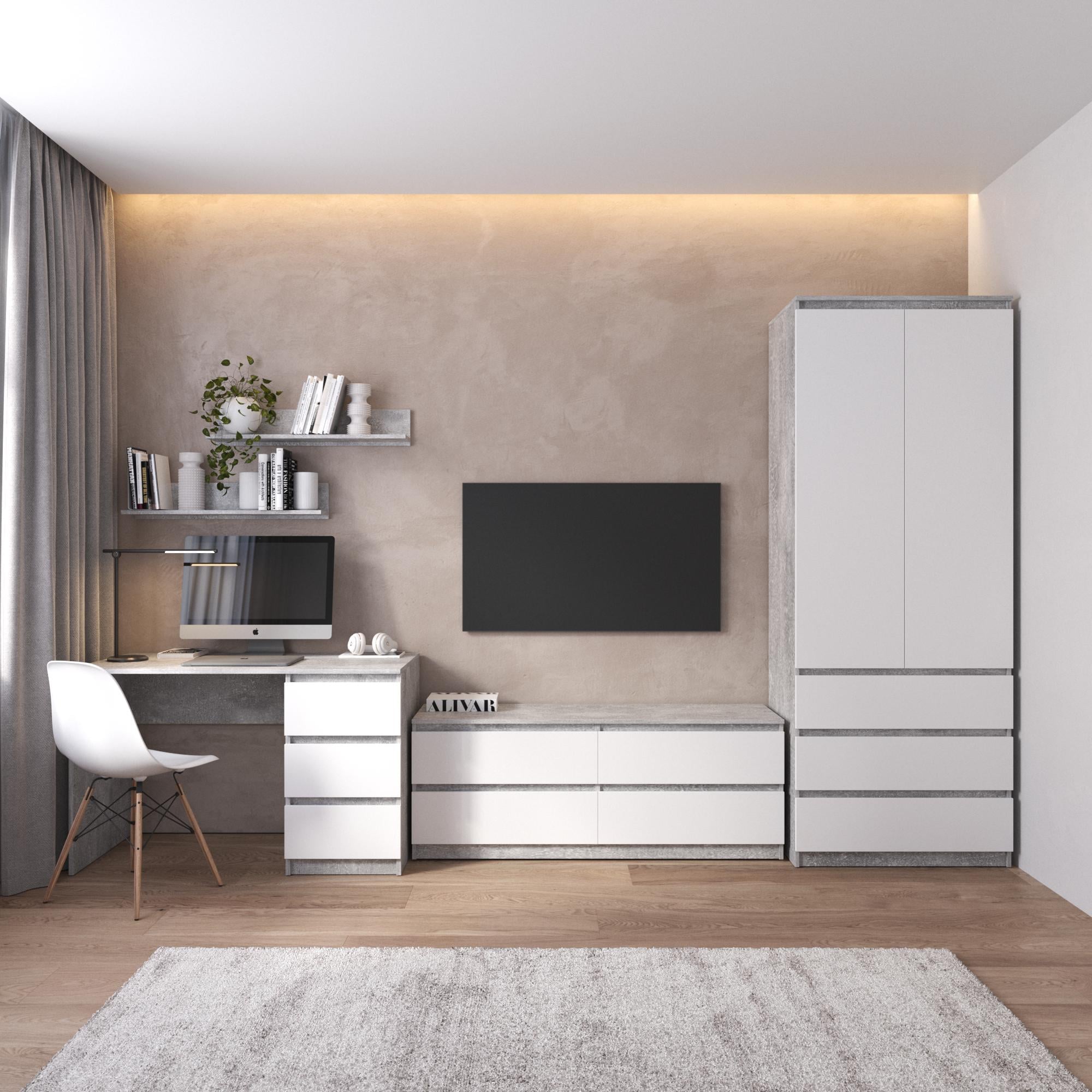 Комплект мебели для дома Astor шкаф/стол/тумба ТВ/полки 3403х600х2117 мм Бетон/Белый