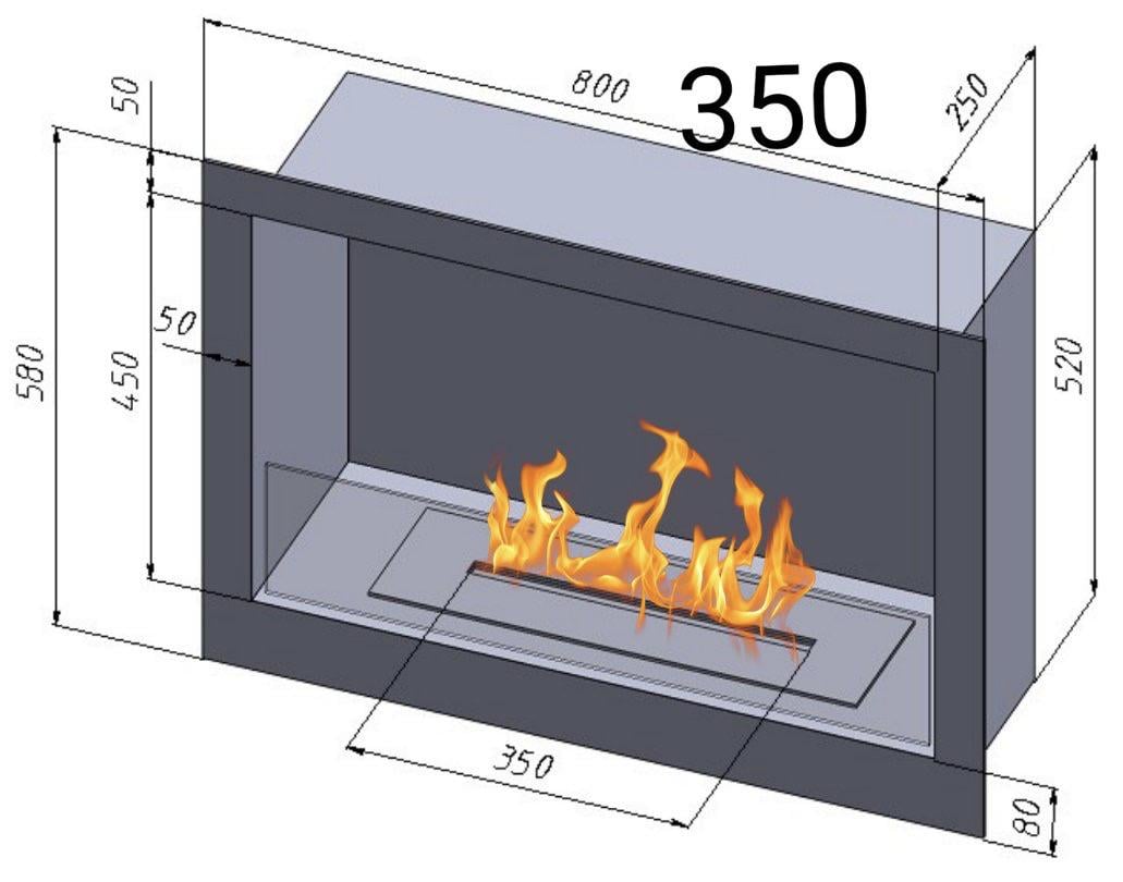 Біокамін вбудований класичний з пальником та захисним склом лінія вогню 350 мм довжина корпусу 800 мм Чорний (11404147) - фото 12