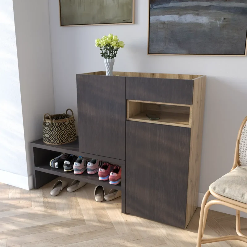 Тумба-подставка RS-4 для обуви в прихожую с дверцей и ящиком 1350х400х1017 мм ДСП 16 мм Дуб Аппалачи/Венге Магия (20285596) - фото 1