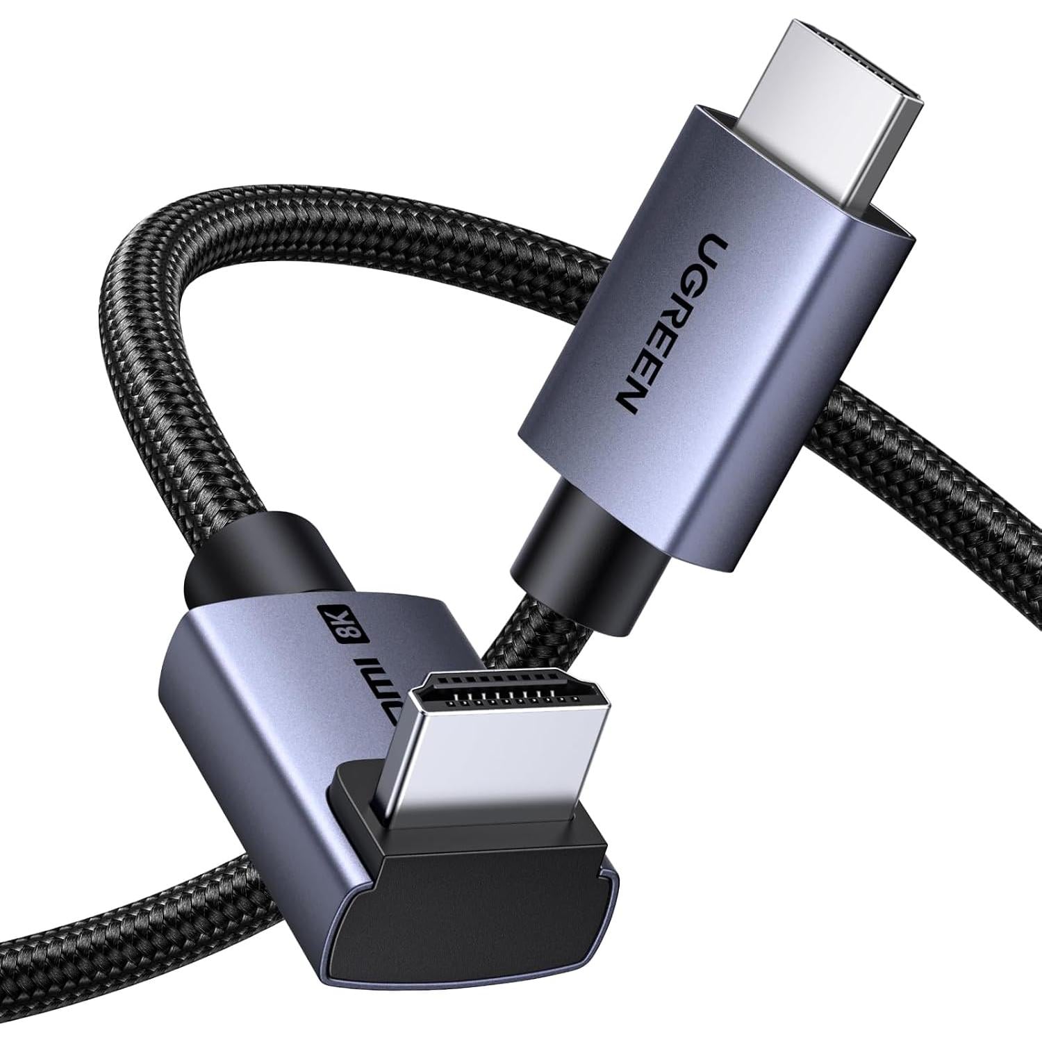 HDMI-кабель UGREEN HD188 1 м прямой штекер и угловой 90° HDMI 2.1 до 8K 60 Гц углубление порта дисплея до 3.5 мм eARC HDR10+ VRR ALLM Черный (95826)
