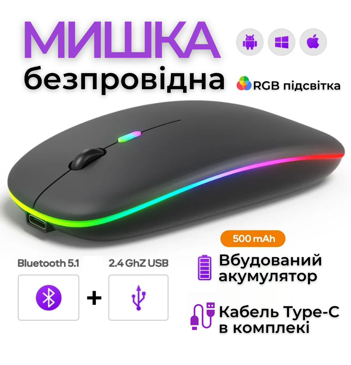 Комп'ютерна мишка бездротова акумуляторна 2в1 Bluetooth і USB 2,4 ГГц (2528209535) - фото 2 Комп'ютерна мишка бездротова акумуляторна 2в1 Bluetooth і USB 2,4 ГГц (2528209535) - фото 2