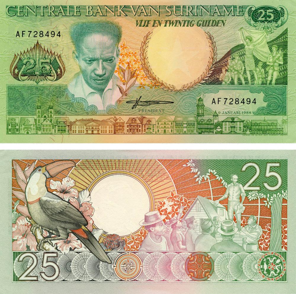 Коллекционная банкнота Суринам 25 гульденов 1988 AU-UNC Попугай P132 (Б13572)