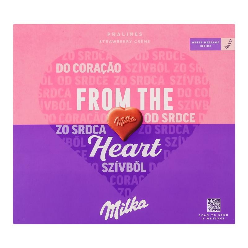 Конфеты Milka From the heart с кремово-клубничной начинкой в ​​молочном шоколаде 110 г (23992223)