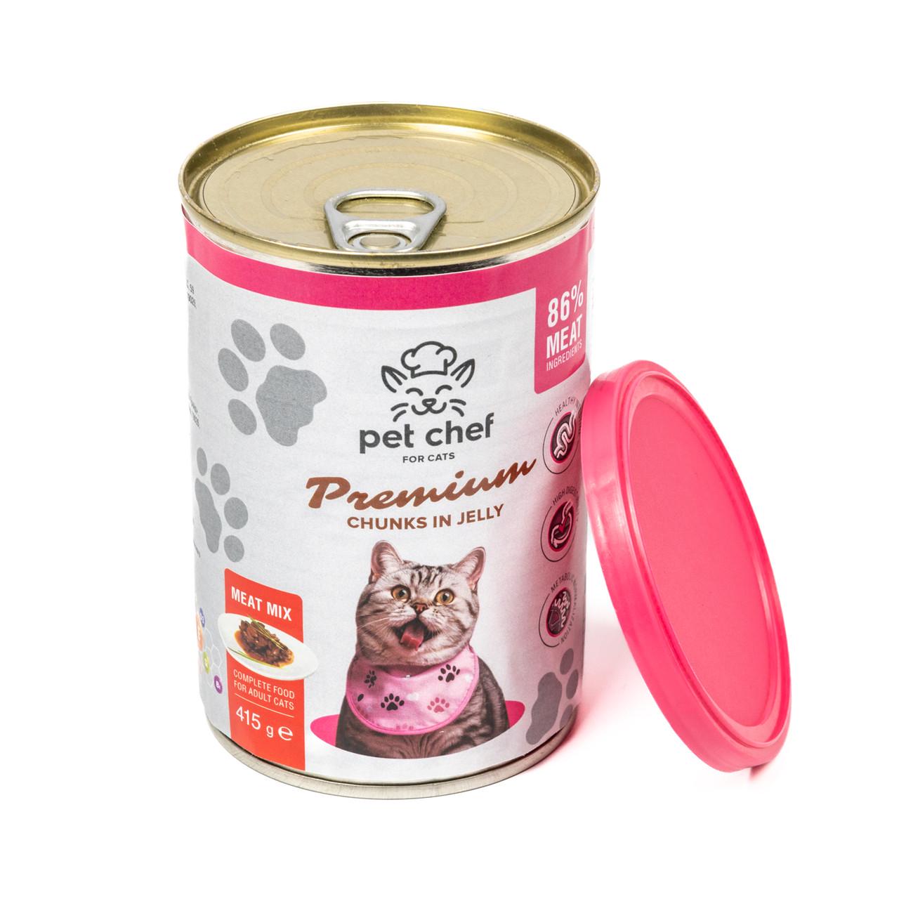 Корм вологий для дорослих котів Pet Chef шматочки в желе м'ясний мікс 415 г (93571) - фото 2 Корм вологий для дорослих котів Pet Chef шматочки в желе м'ясний мікс 415 г (93571) - фото 2