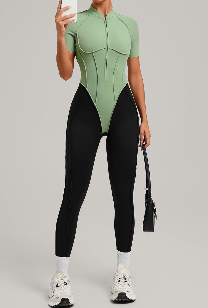 Комбинезон спортивный с коротким рукавом/чашками и без пуш-ап S Зеленый/Черный (JMSH04S)