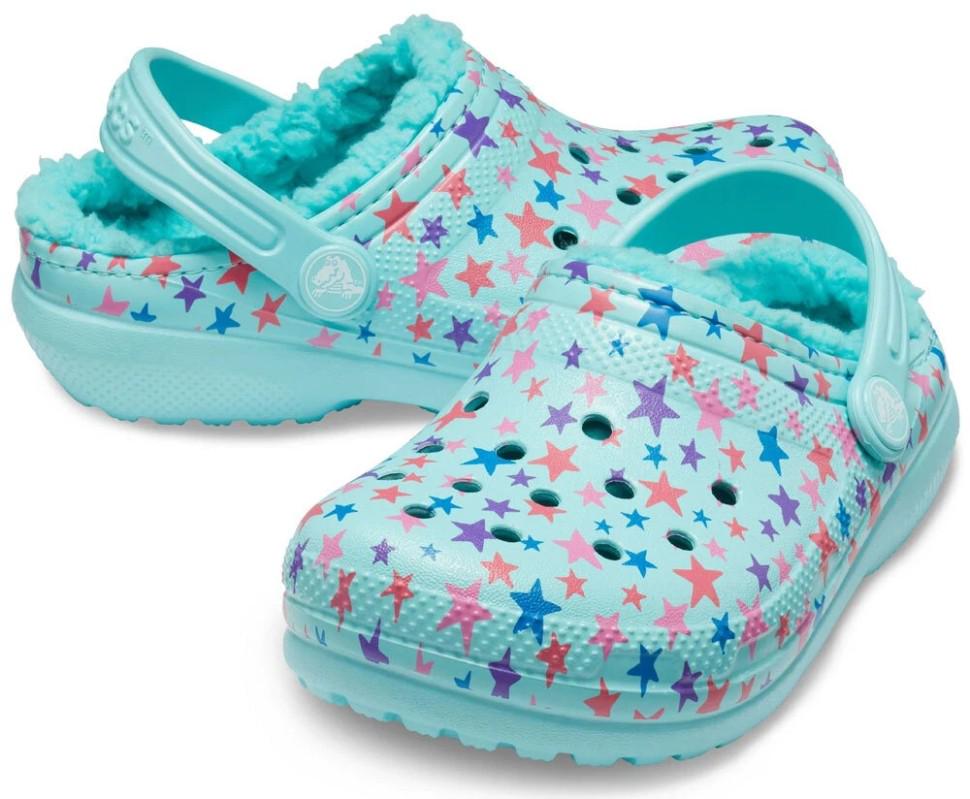 Крокси для дівчинки Crocs Classic Lined Printed Ice Blue р. 27/28 Блакитний (26197)
