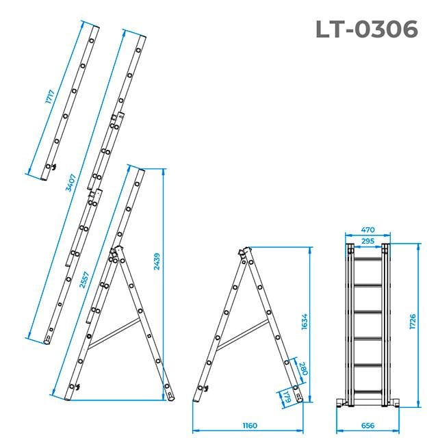 Сходи алюмінієві Intertool LT-0306 3-х секційна розкладна 3x6 ступенів 3,4 м (122211) - фото 4