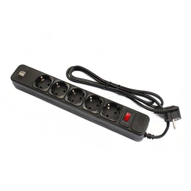 Мережевий фільтр Frimecom FC-BU4005W 1,8V з вимикачем 10А на 5 розеток/2 USB з кабелем 1,8 м Black