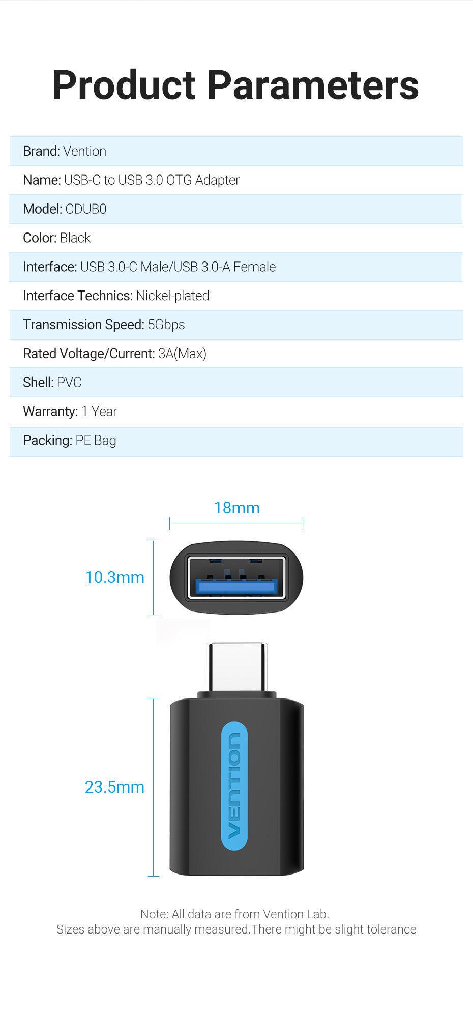 Перехідник Vention Type-C-USB 3.0 OTG 15W 3A/5V USB-C Thunderbolt на USB-A Чорний (CDUB0) - фото 7 Перехідник Vention Type-C-USB 3.0 OTG 15W 3A/5V USB-C Thunderbolt на USB-A Чорний (CDUB0) - фото 7