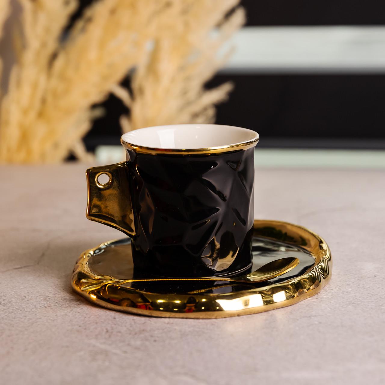 Чашка для кофе фарфоровая с блюдцем и ложкой 200 мл Черный (FM-1A)