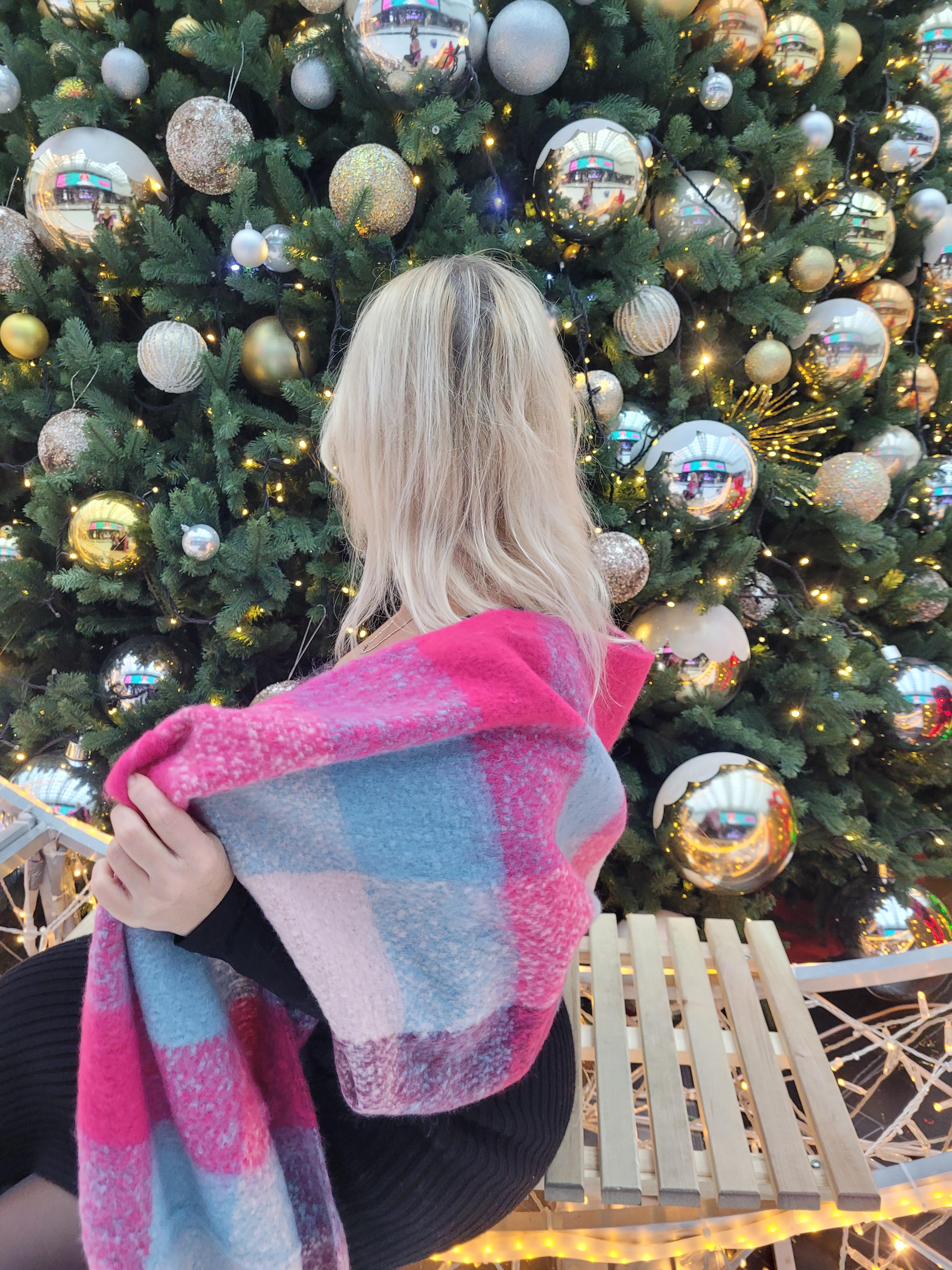 Шарф кашемировый женский Дред в клеточку бахрома большая 210x40 см Малиново-голубой