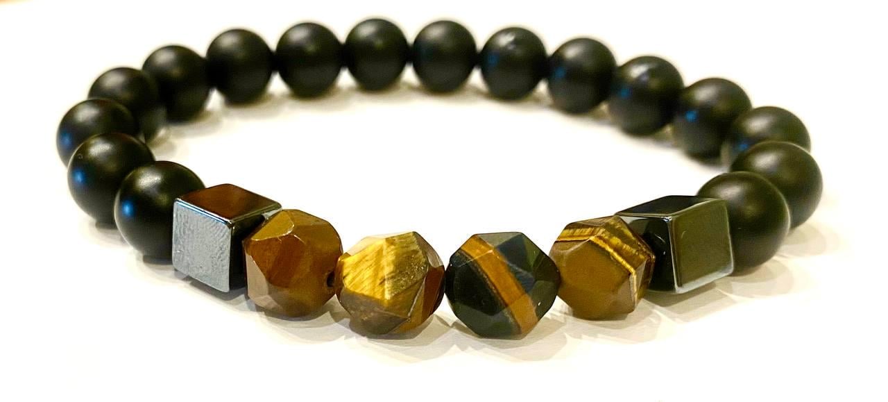 Браслет LITAURS из натурального камня шунгит/гематит/тигровый глаз М 15-17 см (250412)