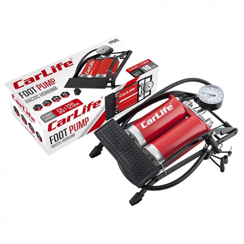 Насос ножной Carlife 55x120 мм два цилиндра с манометром и дополнительными адаптерами