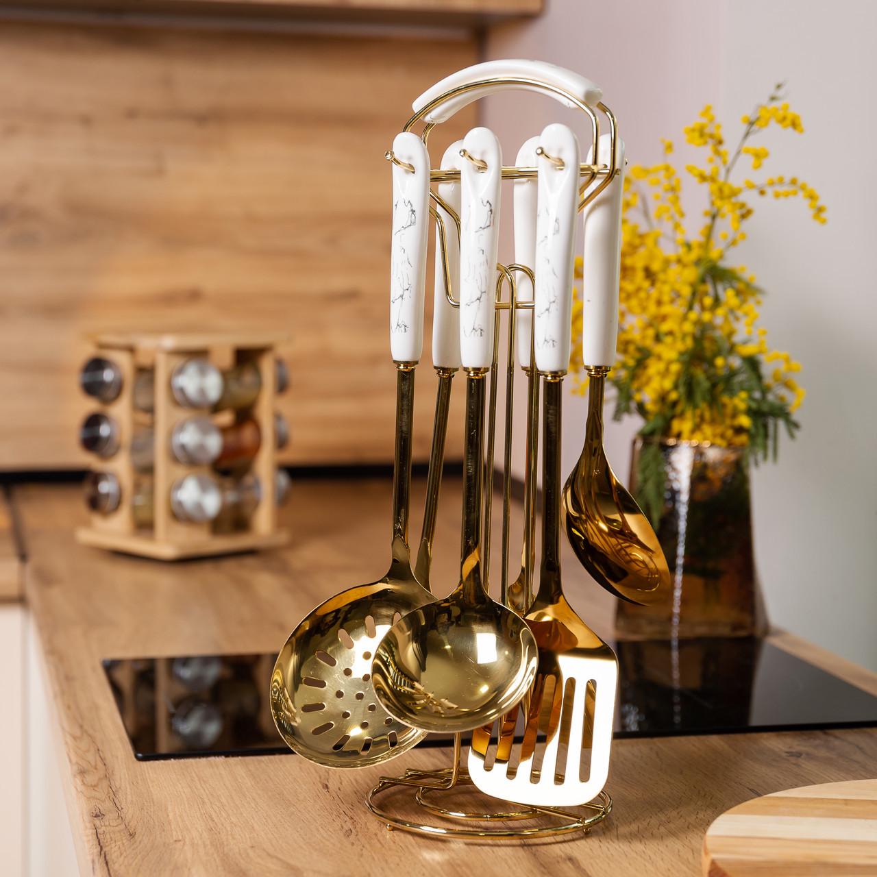 Набор кухонных принадлежностей на подставке HP-20-7 7 предметов Золотой/Белый (A-033704) - фото 6 Набор кухонных принадлежностей на подставке HP-20-7 7 предметов Золотой/Белый (A-033704) - фото 6