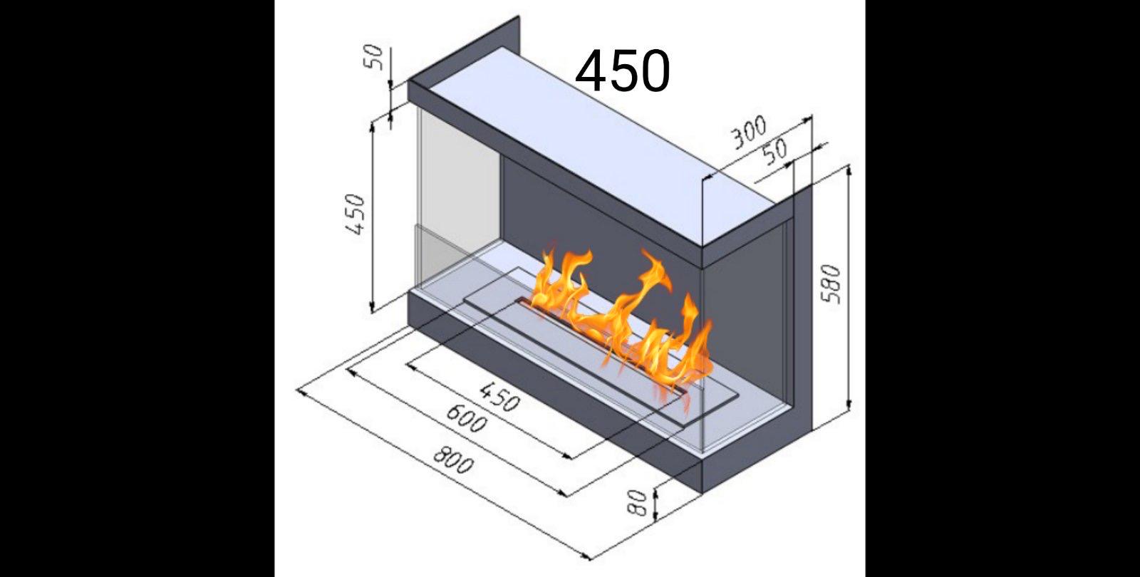 Біокамін вбудований трьохсторонній рамочний 800 мм з пальником та захисним склом в комплекті лінія вогню 450 мм Чорний (11533053) - фото 2
