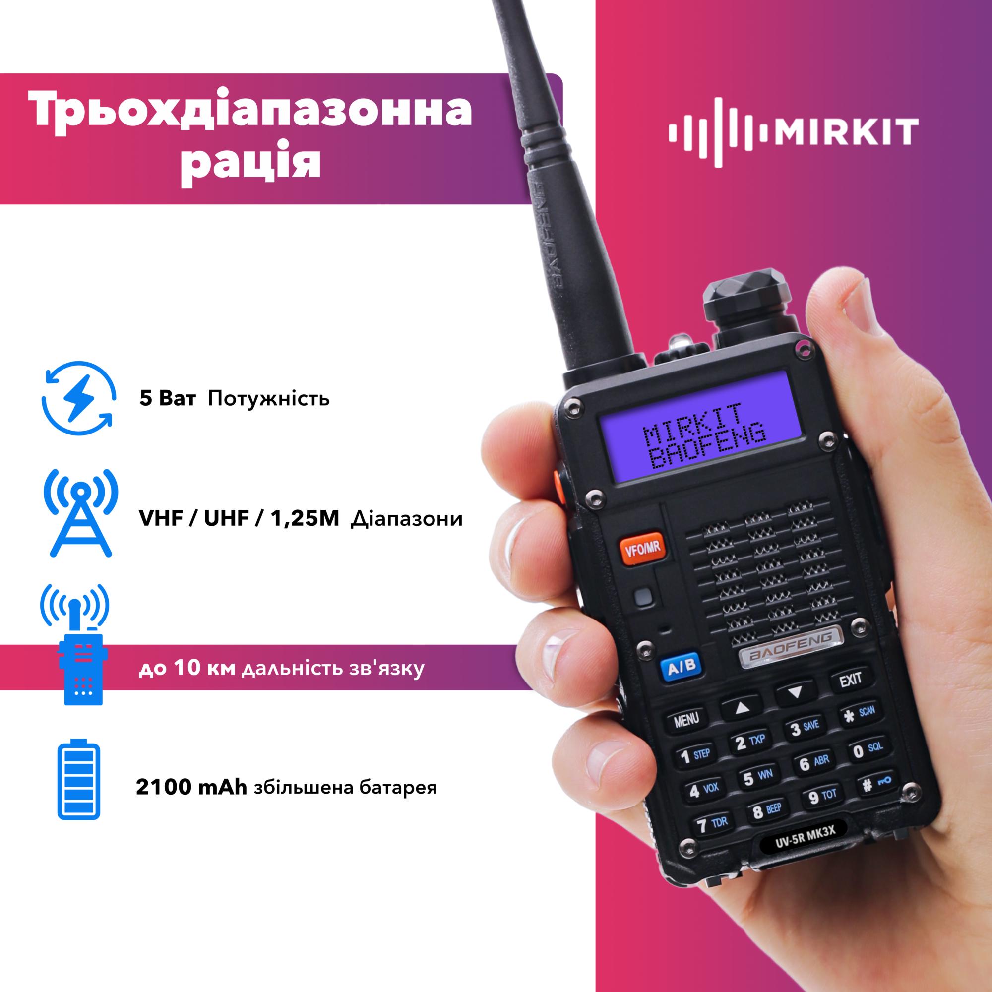 Рация трехдиапазонная Baofeng UV-5R MK3X 5 Вт с усиленным аккумулятором 2100 mah/гарнитурой/шнурком на шею (8040) - фото 3