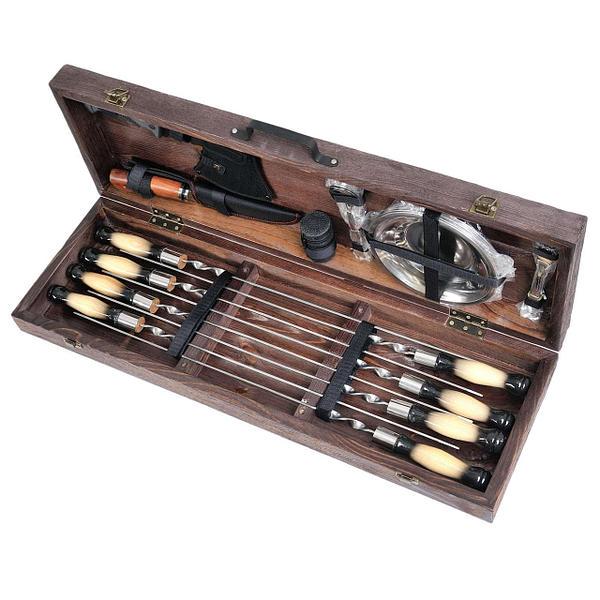 Набор барбекю Мясник шампуры с тарелками и приборами в деревянном чехле (4-9-PK-26423)