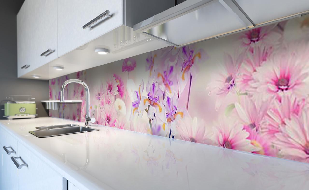 Кухонный фартук Ирисы и хризантемы из самоклеящейся виниловой пленки 60х250 см Розовый