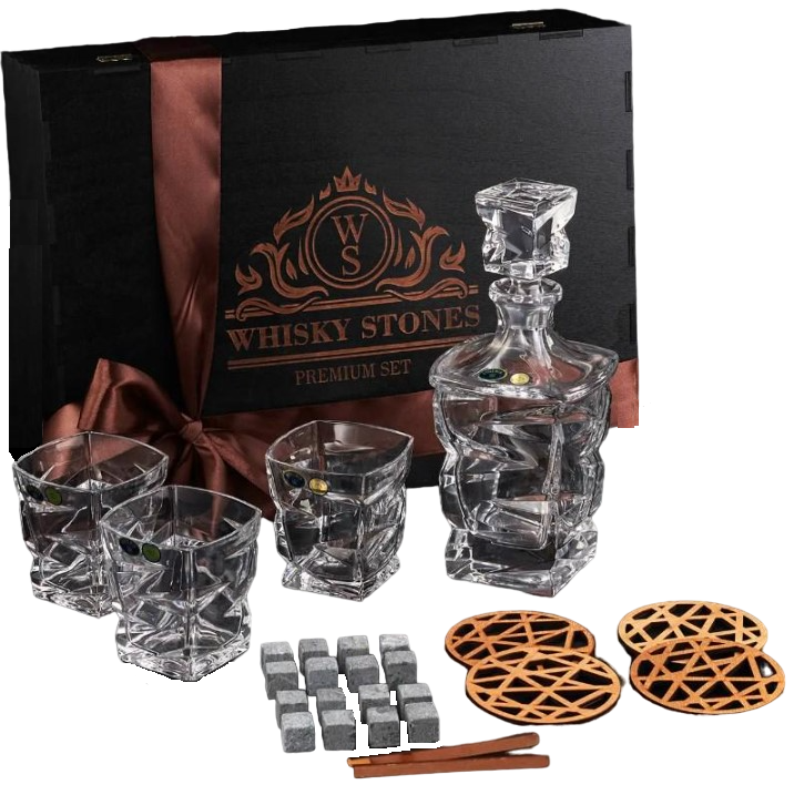 Подарочный набор для алкоголя камни для виски Whiskey Stones 16 шт./4 хрустальных стакана Bohemia Zig-Zag 300 мл и графин 750 мл