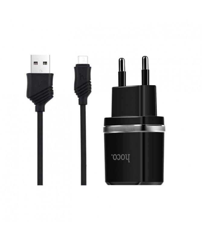 Мережевий зарядний пристрій Hoco C12 2,4 А/2 USB з кабелем micro-USB Black