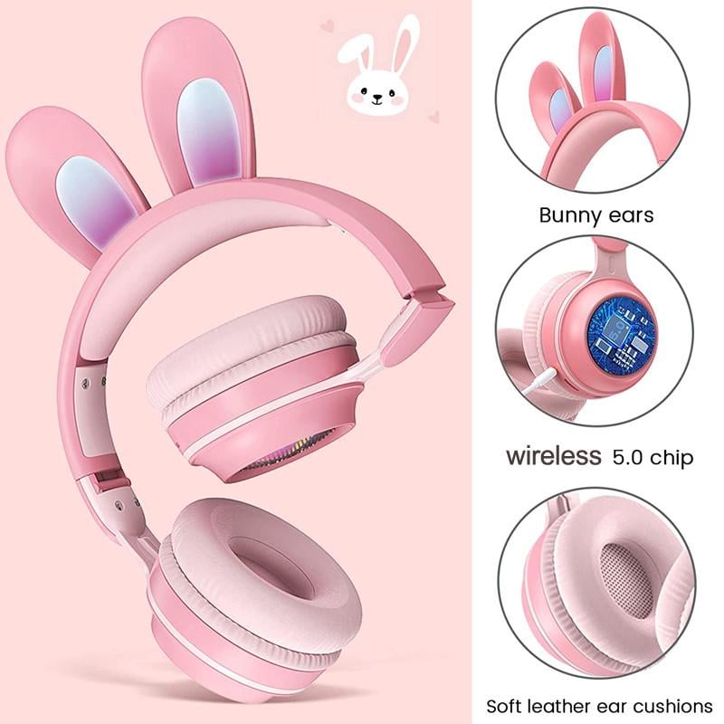 Наушники беспроводные Bluetooth KE-01 с ушками кролика Розовый (26389225) - фото 7