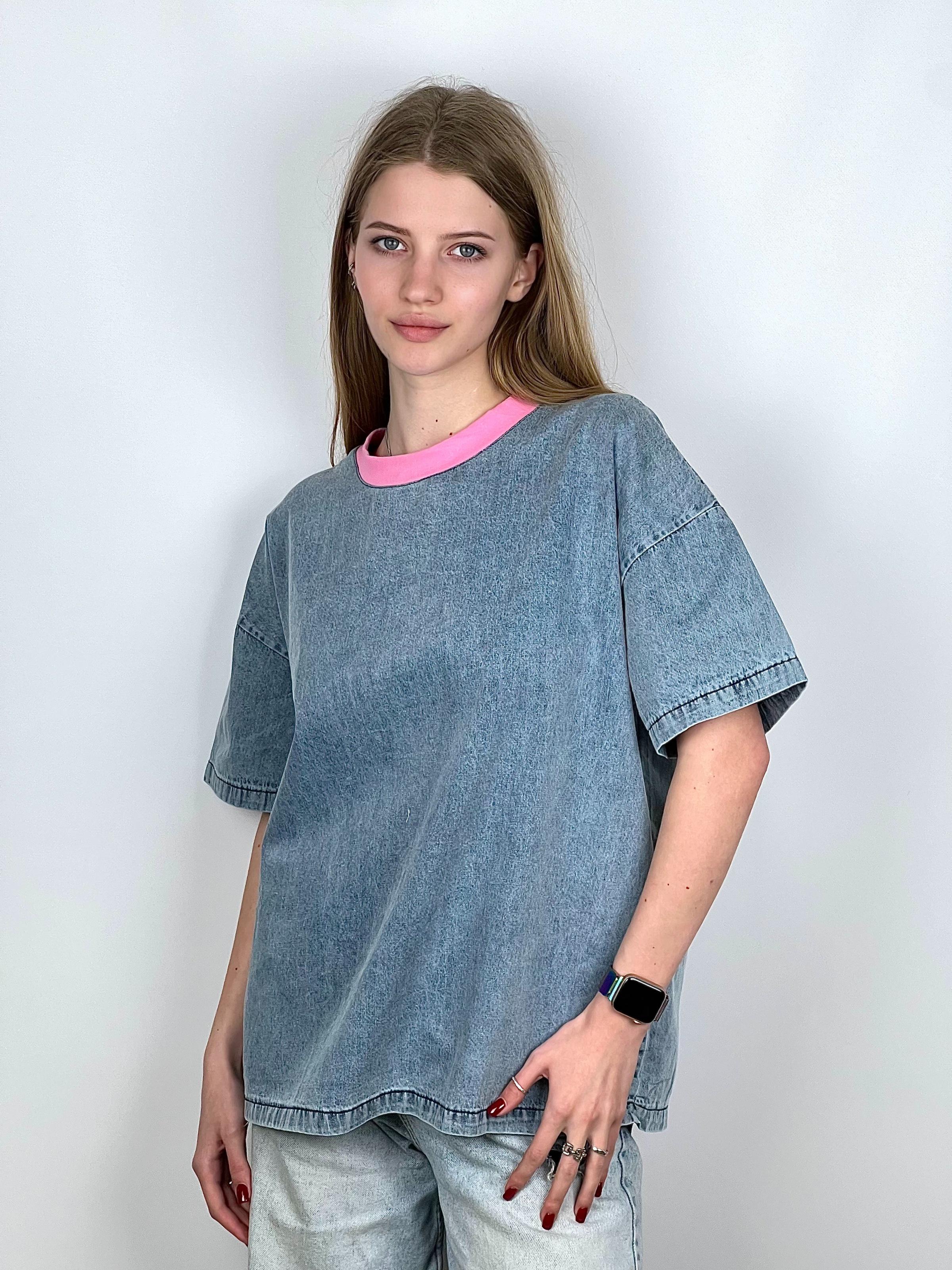 Футболка женская из денима OS Розовый (#25018-02) - фото 3 Футболка женская из денима OS Розовый (#25018-02) - фото 3