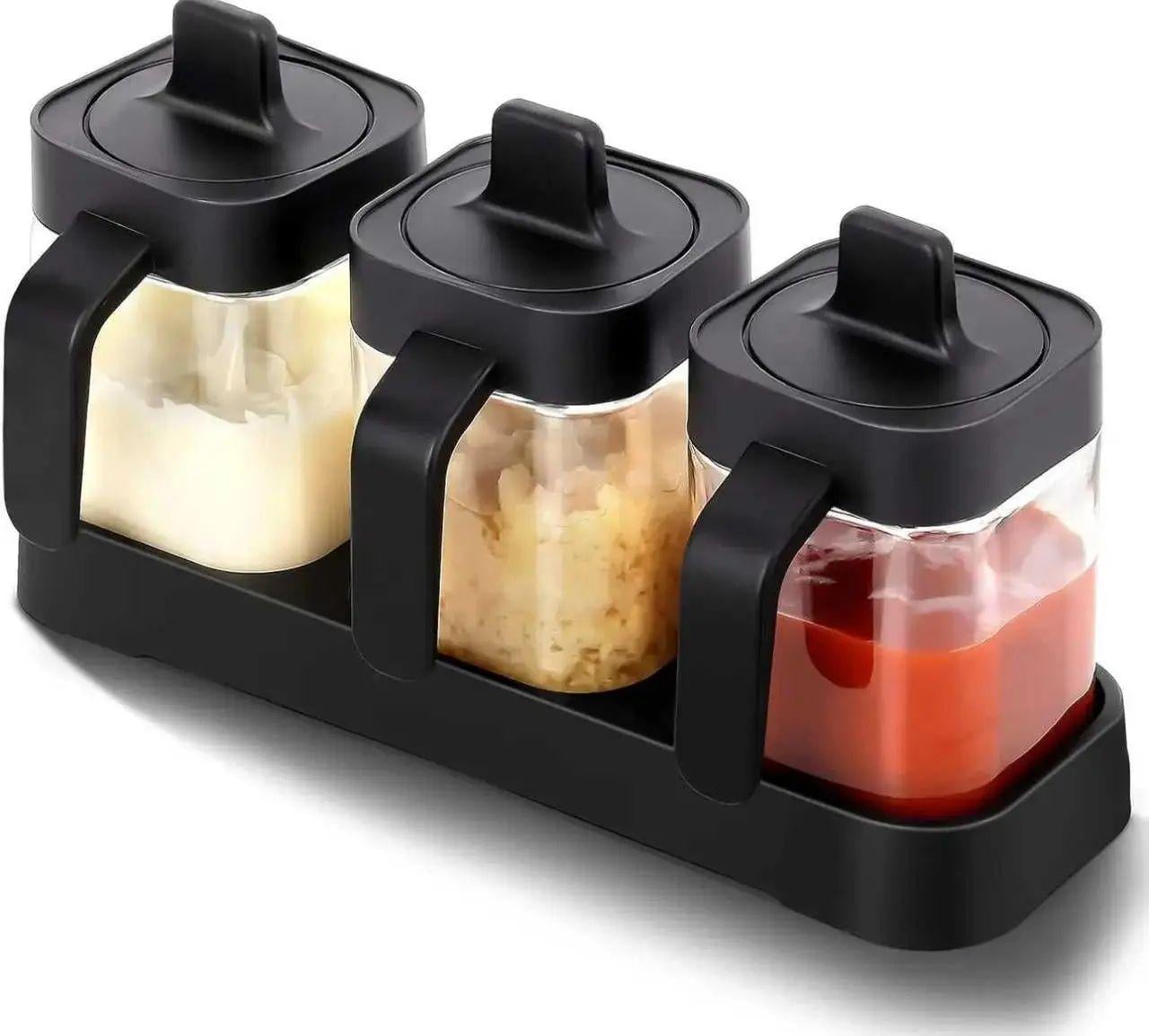 Набор контейнеров для специй Seasoning Bottle Set 3 шт. 400 мл с подставкой пластик Прозрачный с черным
