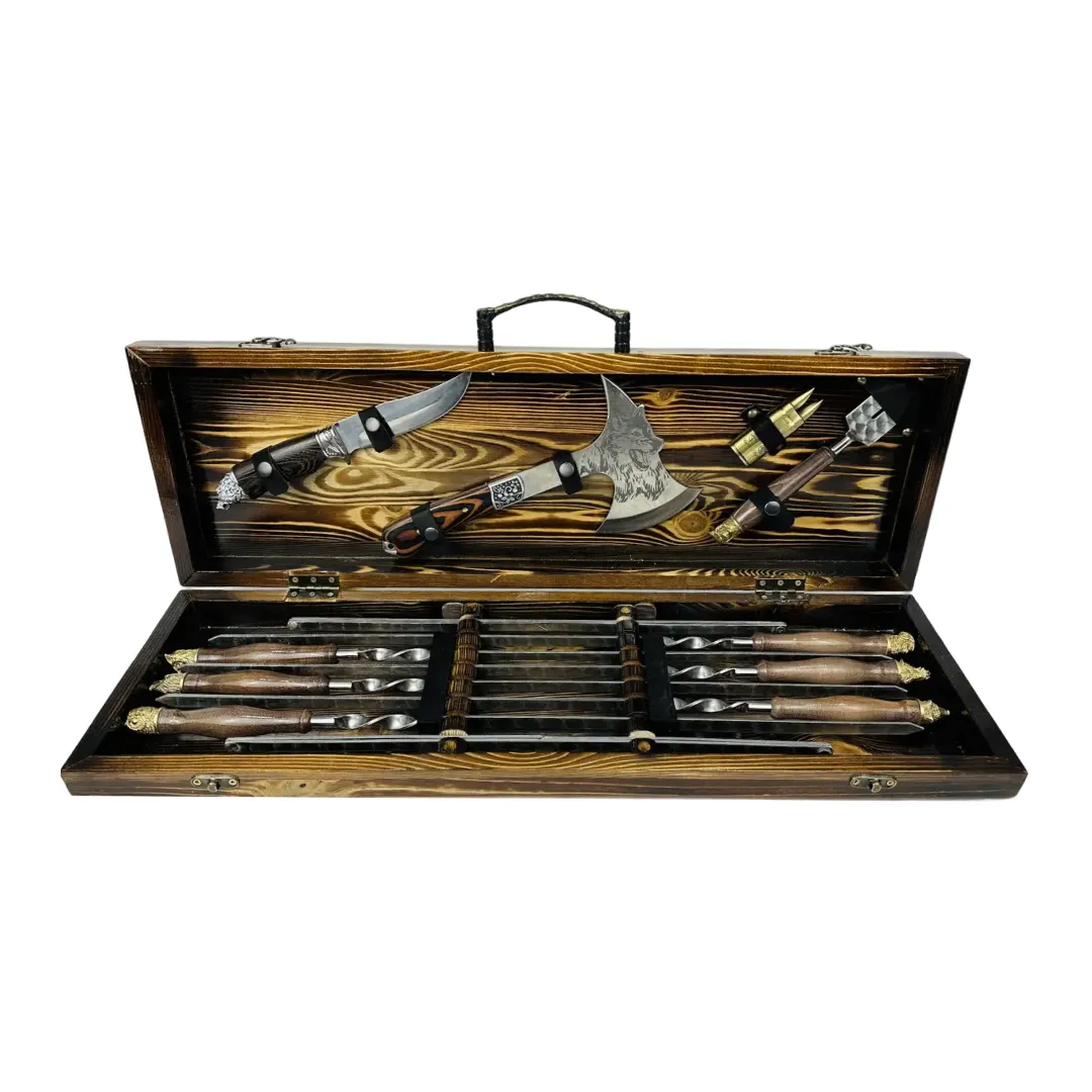 Набір шампурів в кейсі люксовий Сафарі на шкіряних ременях дерев'яний з нержавіючої сталі (2-10-KS-7907)