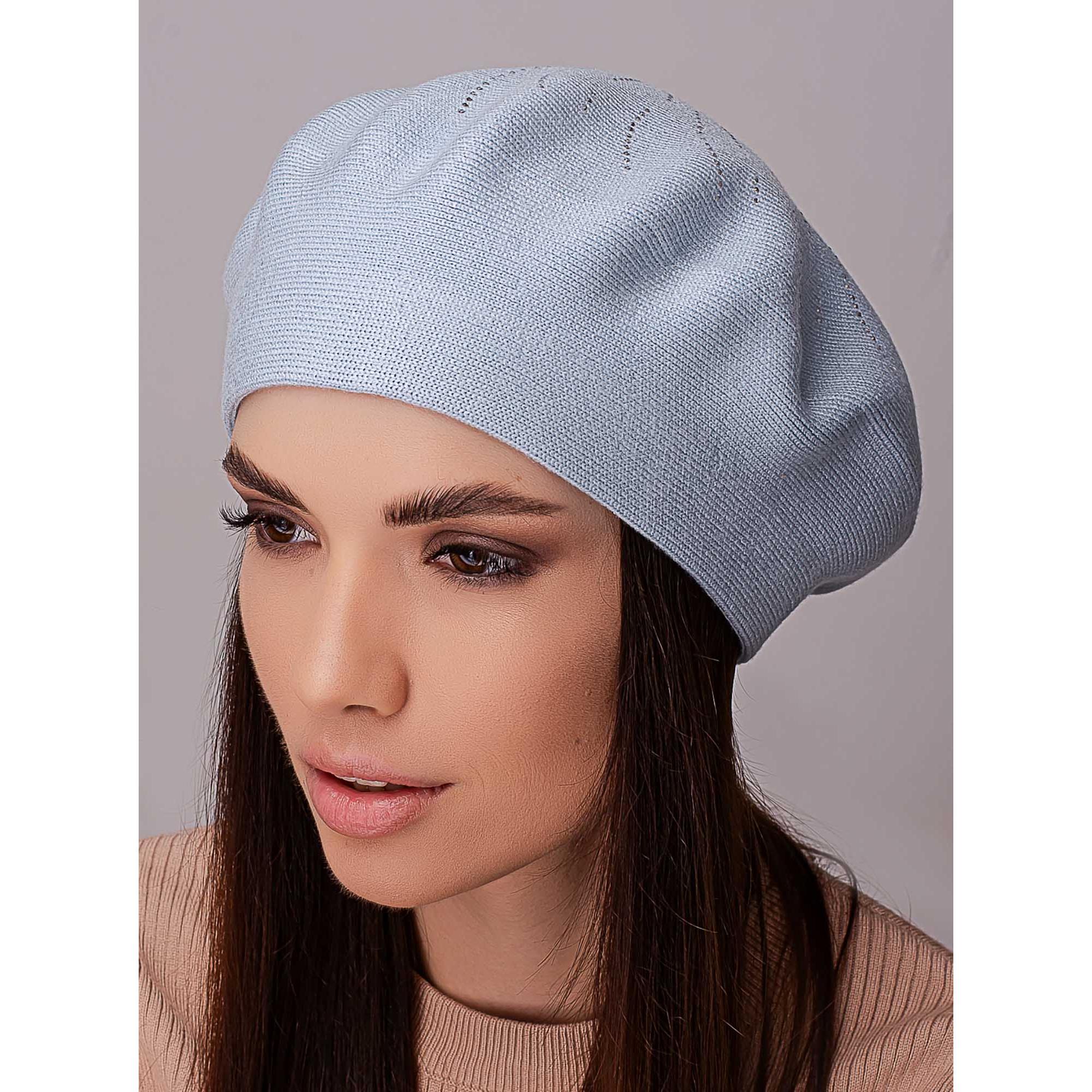 Берет вискозный женский с добавлением шерсти без подкладки украшенный стразами Leks Акация Небесный