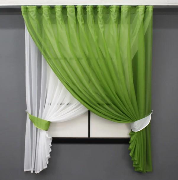 Шторы на кухню шифон 280х170 см Белый/Оливковый (076к) - фото 1 Шторы на кухню шифон 280х170 см Белый/Оливковый (076к) - фото 1