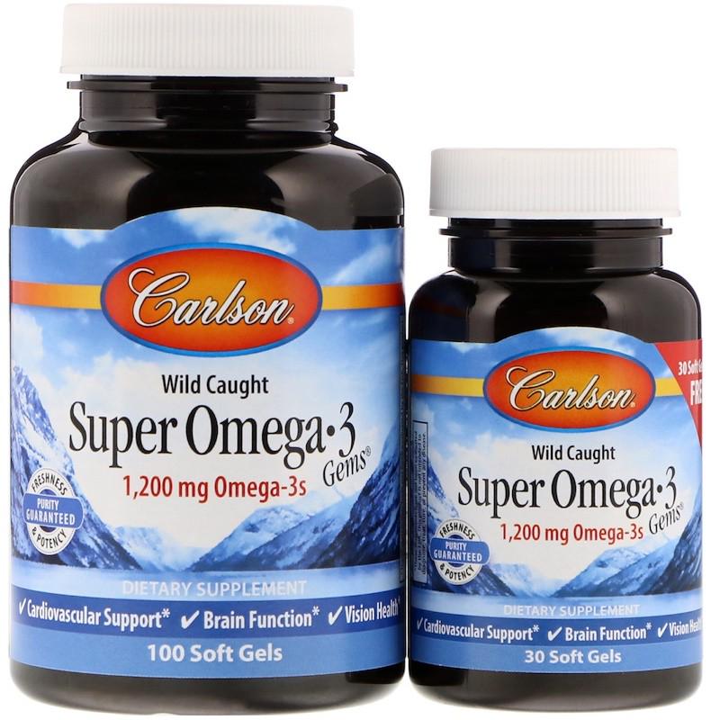 Омега-3 Carlson Super Omega·3 Gems Fish Oil Concentrate 600 mg 100 Soft Gels Free 30 Soft Gels