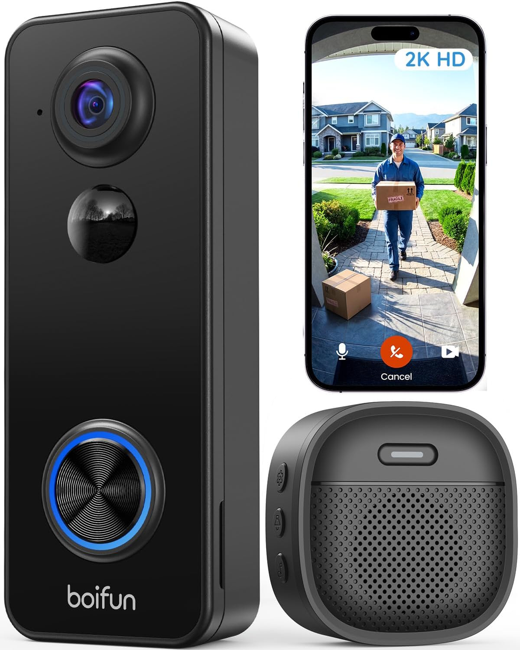 Видеодомофон BOIFUN 2K HD Беспроводная камера 180° с AI-выявлением людей, ночным видением HDR и Wi-Fi Без подписки (3016802821)