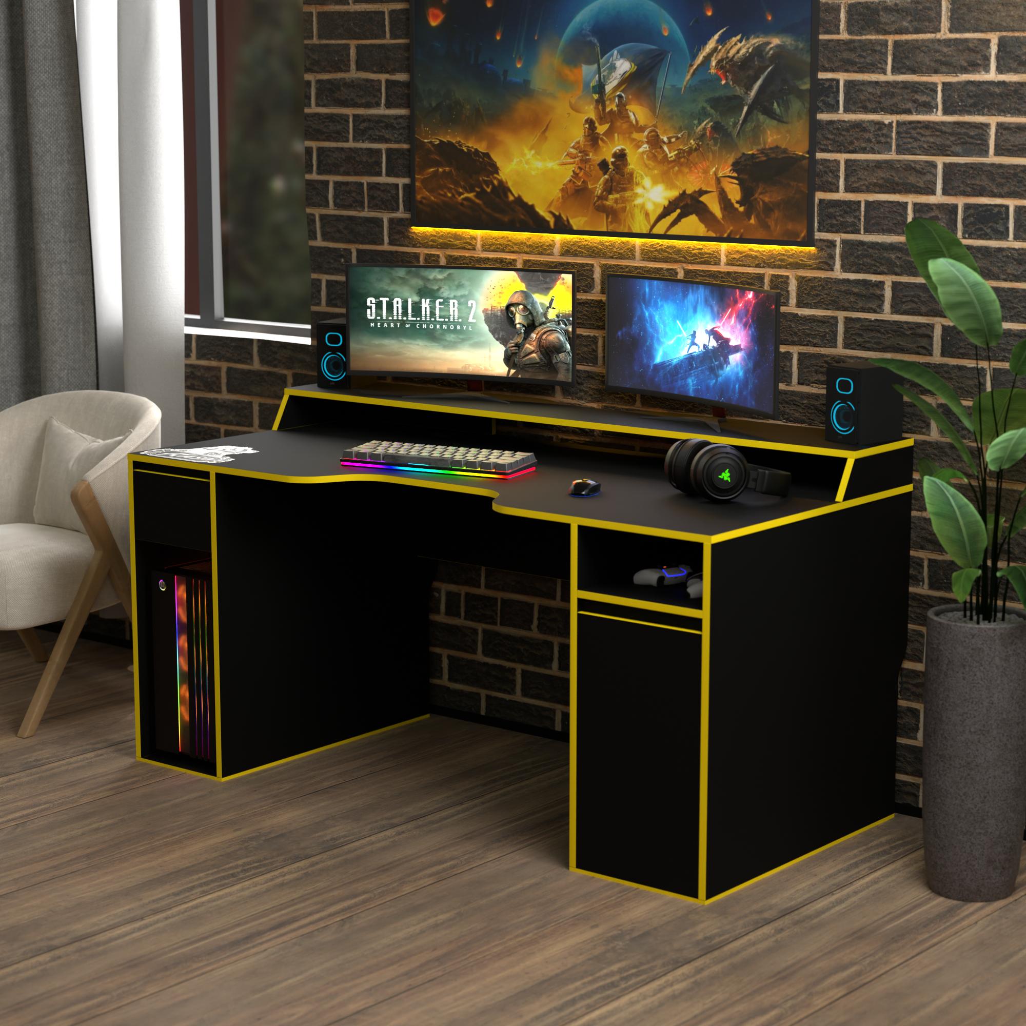 Стол геймерський ергономічний із надбудовою Zeus Rasin RS-27 ламінована ДСП Чорно-жовтий (RS-27)