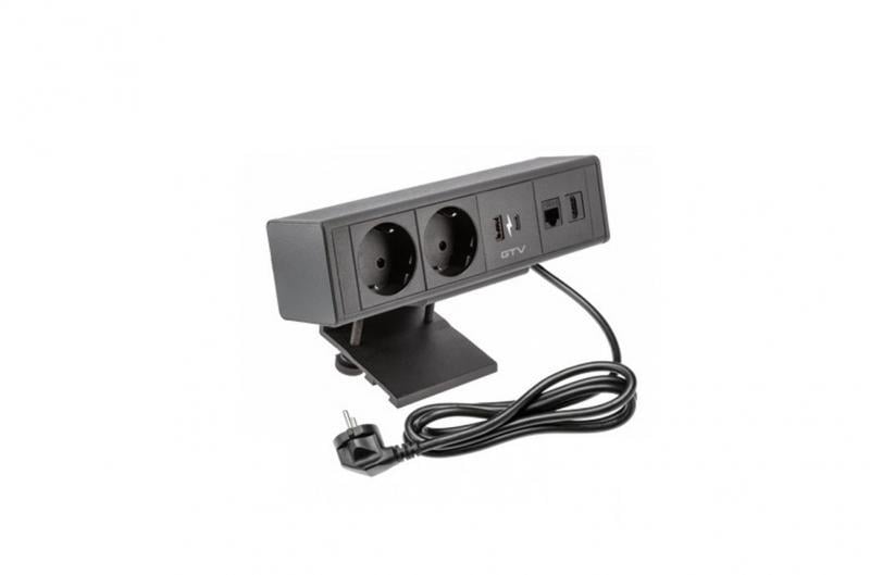 Удлинитель GTV прямоугольный BAR 2xSCHUKO/1xUSB/1xTYPE-C/1xLAN/1xHDMI/кабель с вилкой 1,5 м Черный (AE-GM2SBAR-20)