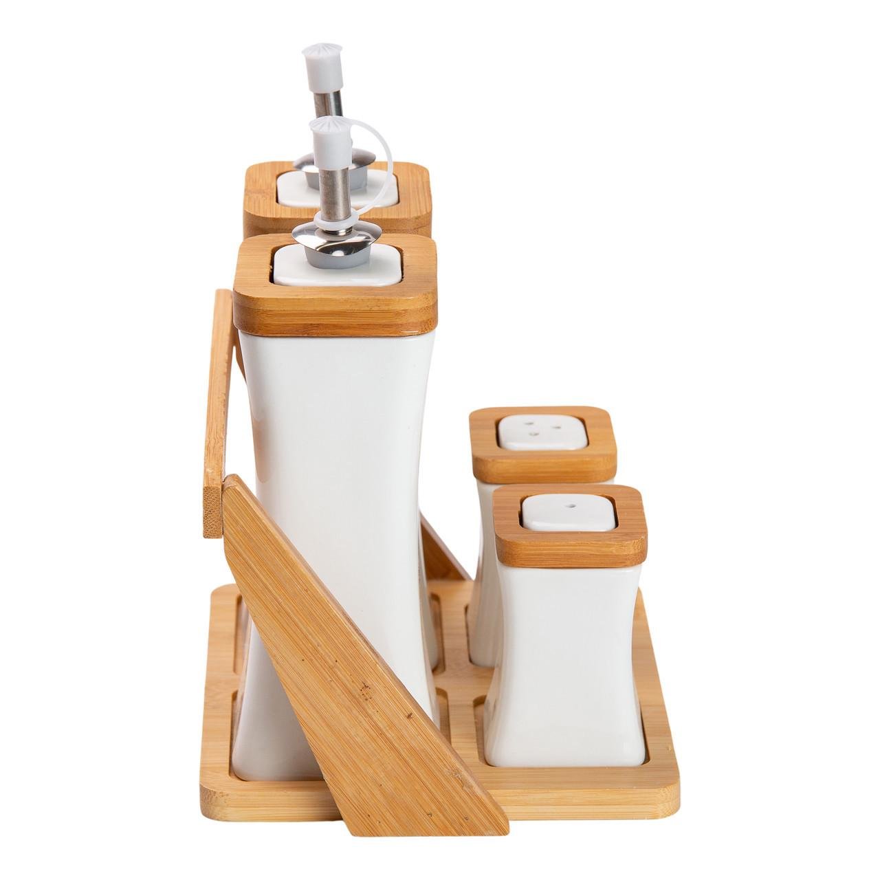 Набір для спецій порцелянаовий 4 предмети на бамбуковій підставці (HP-1221) - фото 3