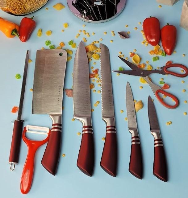 Набор кухонных ножей с подставкой Edenberg EB-913 9 предметов Красный (2530555666) - фото 2 Набор кухонных ножей с подставкой Edenberg EB-913 9 предметов Красный (2530555666) - фото 2