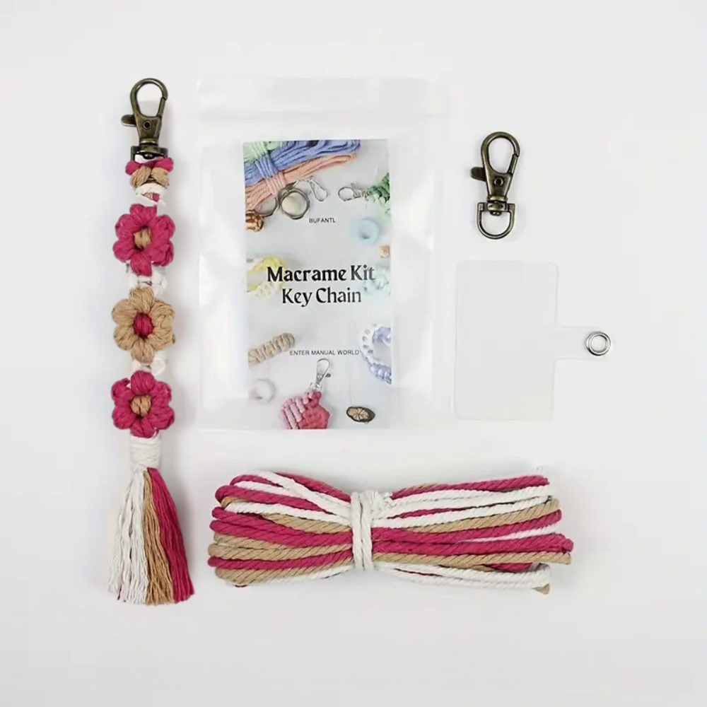 Набор макраме для рукоделия для ручной вязки плетеного брелока Цветы для ключей трехцветный 20х2,2 см Розовый/Бежевый/Белый
