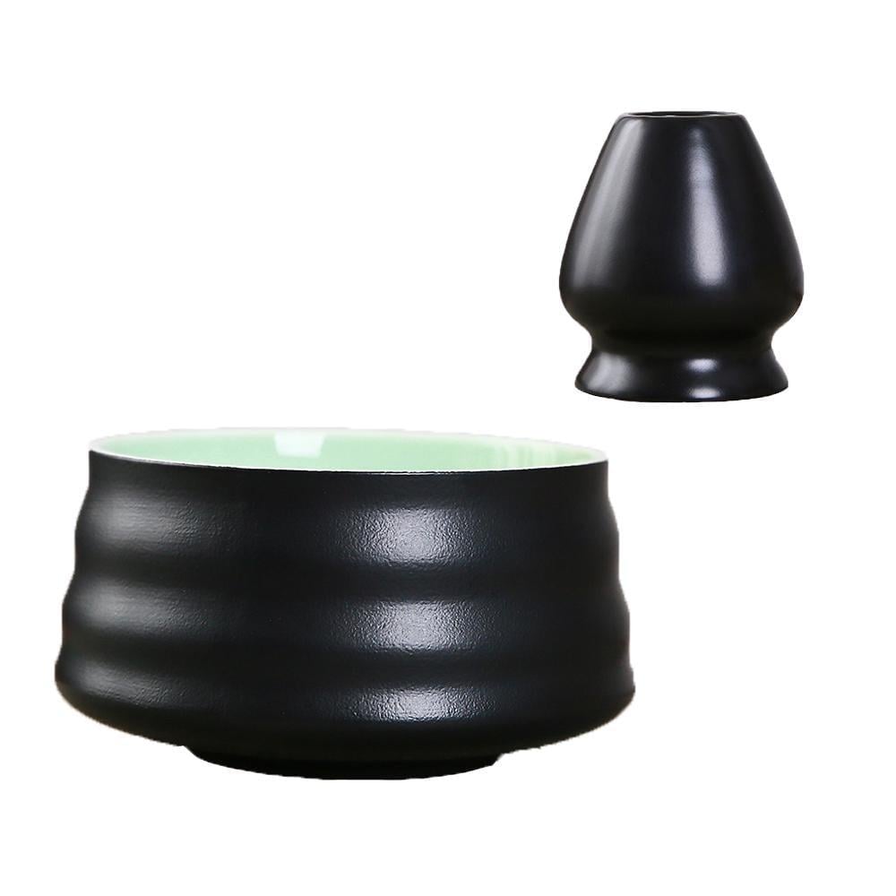 Комплект чаша Чаван/Тяван керамическая для приготовления чая матча с подставкой Кусенаоши для венчика часен Черно-зеленый (KC05BG)