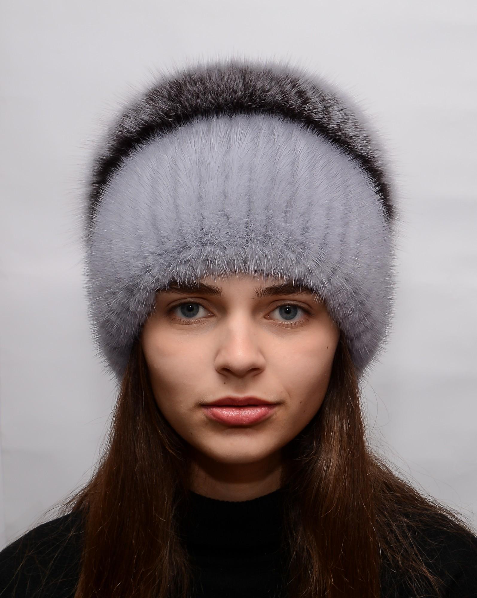 Женская вязаная норковая шапка Меховой стиль Колибри-разрез с помпоном натуральный мех M-L Сапфир (120/1/А